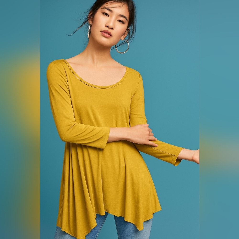 T.La by Anthropologie Yellow/Mustard Asymmetrical Handkerchief Hem Tunic Top S